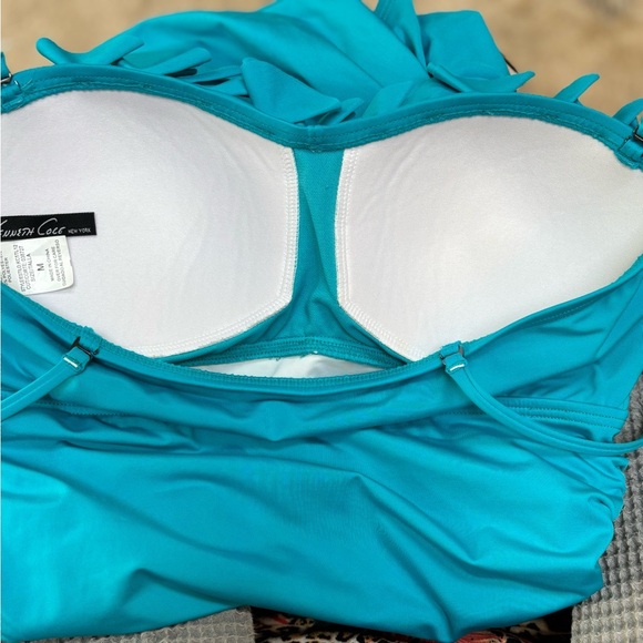 KENNETH COLE BLUE RUFFLE RUCHED WAIST HALTER ONE PIECE SWIM/BATHING SUIT SZ M - Picture 9 of 10